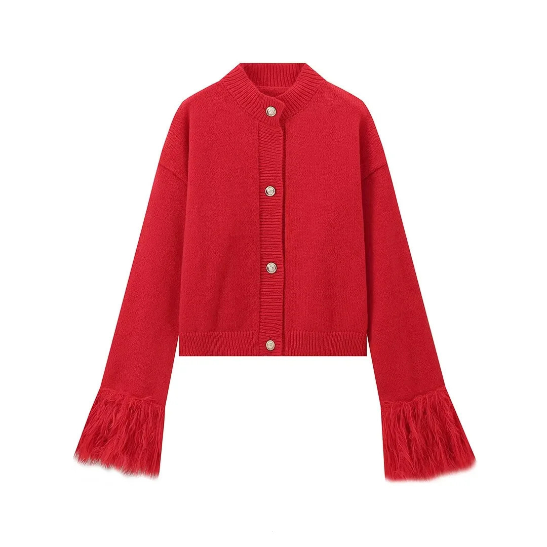 Feather Patchwork Knitted Cardigan Women Chic Oneck Long Sleeve Singlebreasted Short Sweater 2025 Lady High Street Knitwear 250919