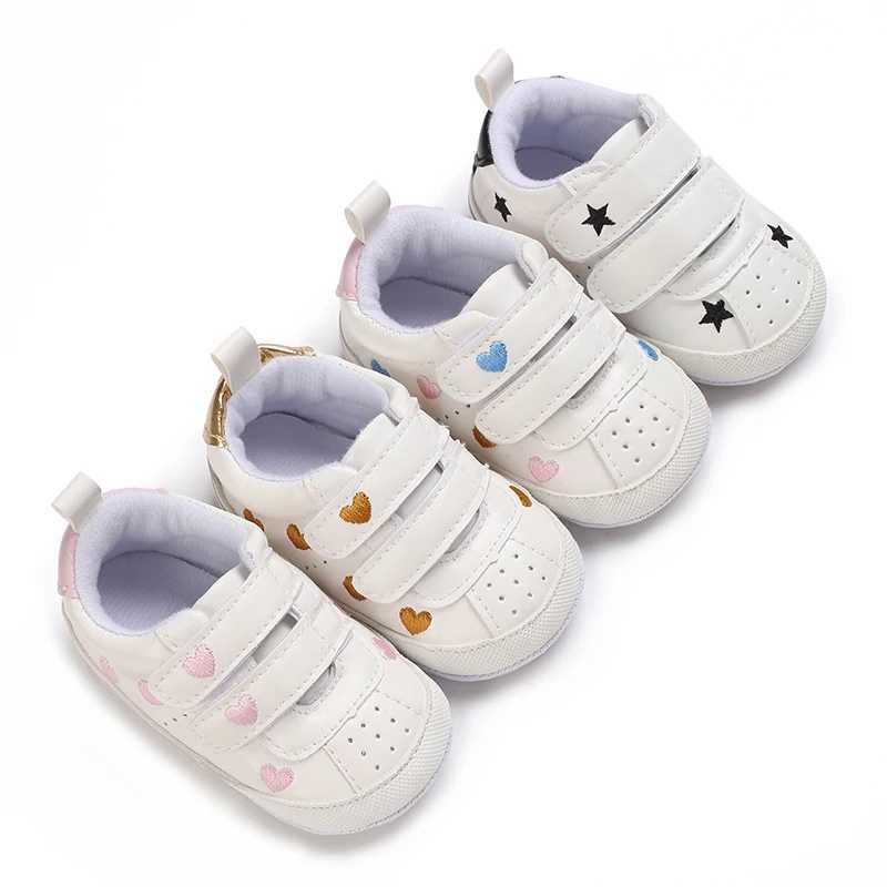 01Year Baby White PU Sneaker Rubber Nonslip for Toddler Boys and Girls Cute Embroidery Stars and Hearts C251008