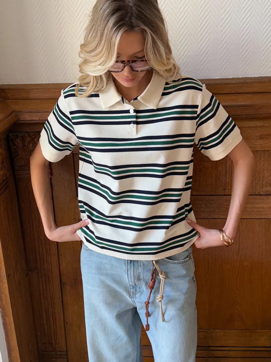 Sumuyoo Women's Retro Striped Polo T-Shirt Loose Fit Short Sleeve Casual Knitted Shirt Fashionable Summer Top for Ladies dongdumaoyi