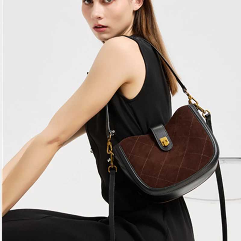 Hifashion Chic Suede Genuine Leather Saddle Small Shoulder Crossbody Bags For Women 2025 Luxury Designer Quilted Ladies HandbagsT251007