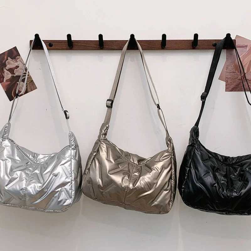 Silver Lightweight Nylon Handbag Girls Dumpling Bag Large Capacity Shoulder Crossbody Bag Bright Space Cotton Tote Bag BolsosT251007