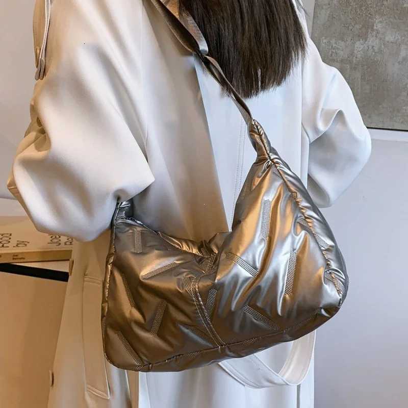 Silver Lightweight Nylon Handbag Girls Dumpling Bag Large Capacity Shoulder Crossbody Bag Bright Space Cotton Tote Bag BolsosT251007