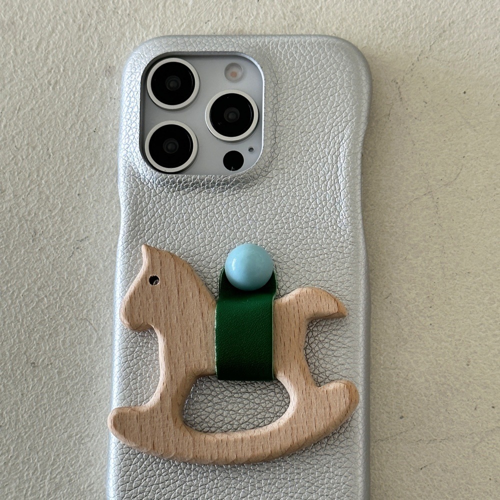 Work for iPhone 16 Pro Max Cover Protective Anti Slip Dopamine Cortex Wooden Horse Stand Phone Case Grip Cute Design Leather Touch Shockproof Case for