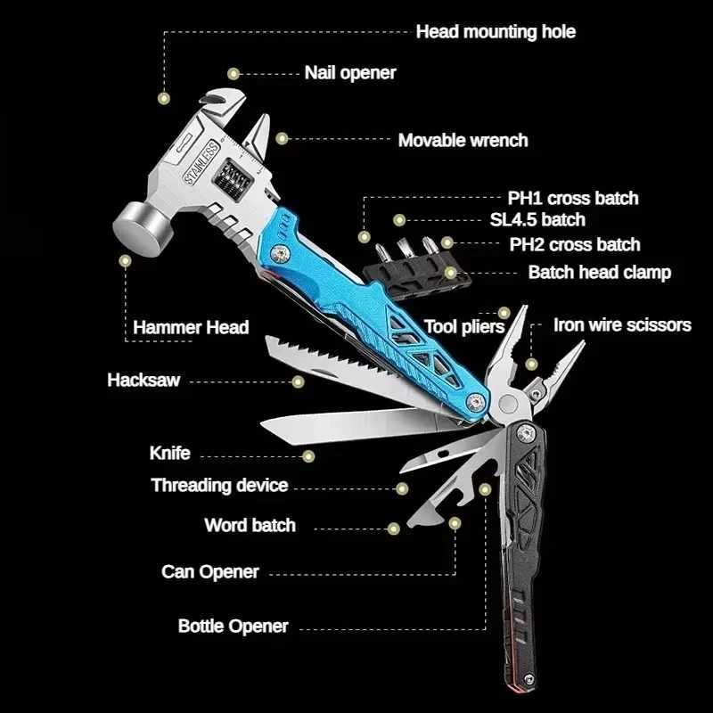 Portable Multifunctional Wrench Hammer Outdoor Camping Emergency Tools Combination Stainless Steel Folding Nail Hammer J251121