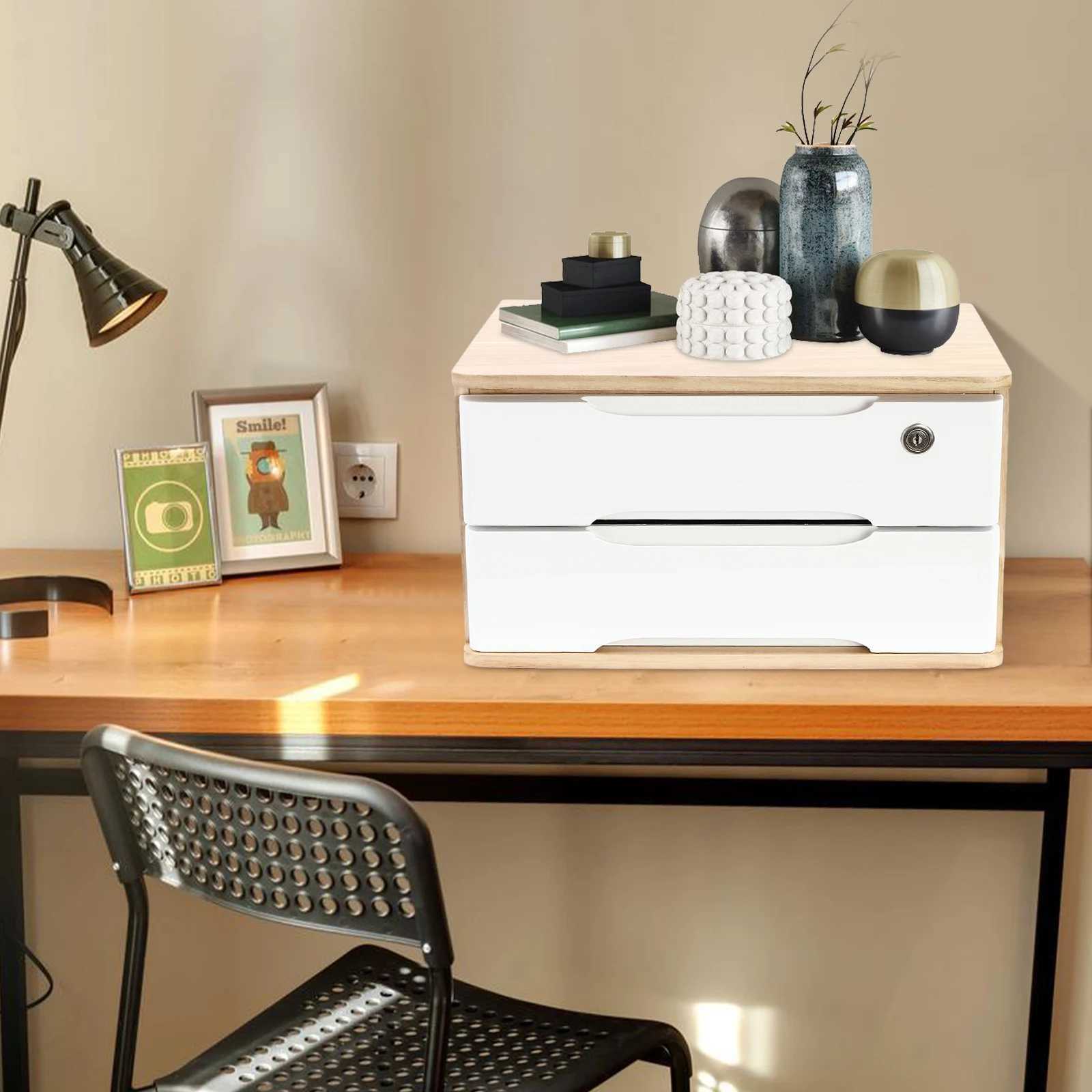 Solid Tung Wood Desktop Organizer with 2 Lockable Drawers 2 Keys Modern Rectangular Storage Box for Office Bedroom Dresser C251008