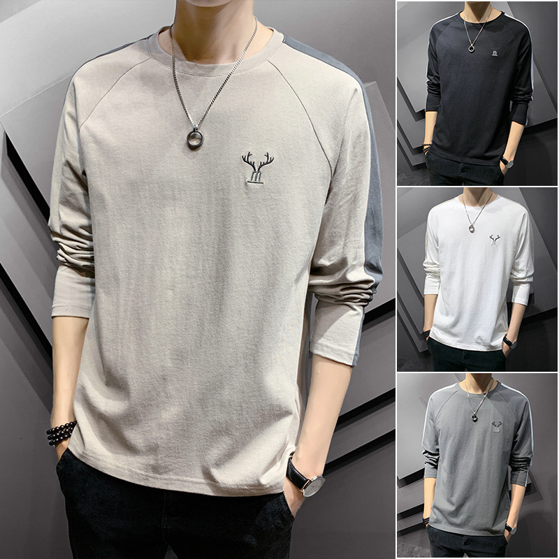 New Long Polo Sleeve T-shirt For Men Trendy Round Neck Loose Base Shirt Simple Designer Hoodie Designer Shirt Fashion Patchwork Cotton Casual Men's Clothing