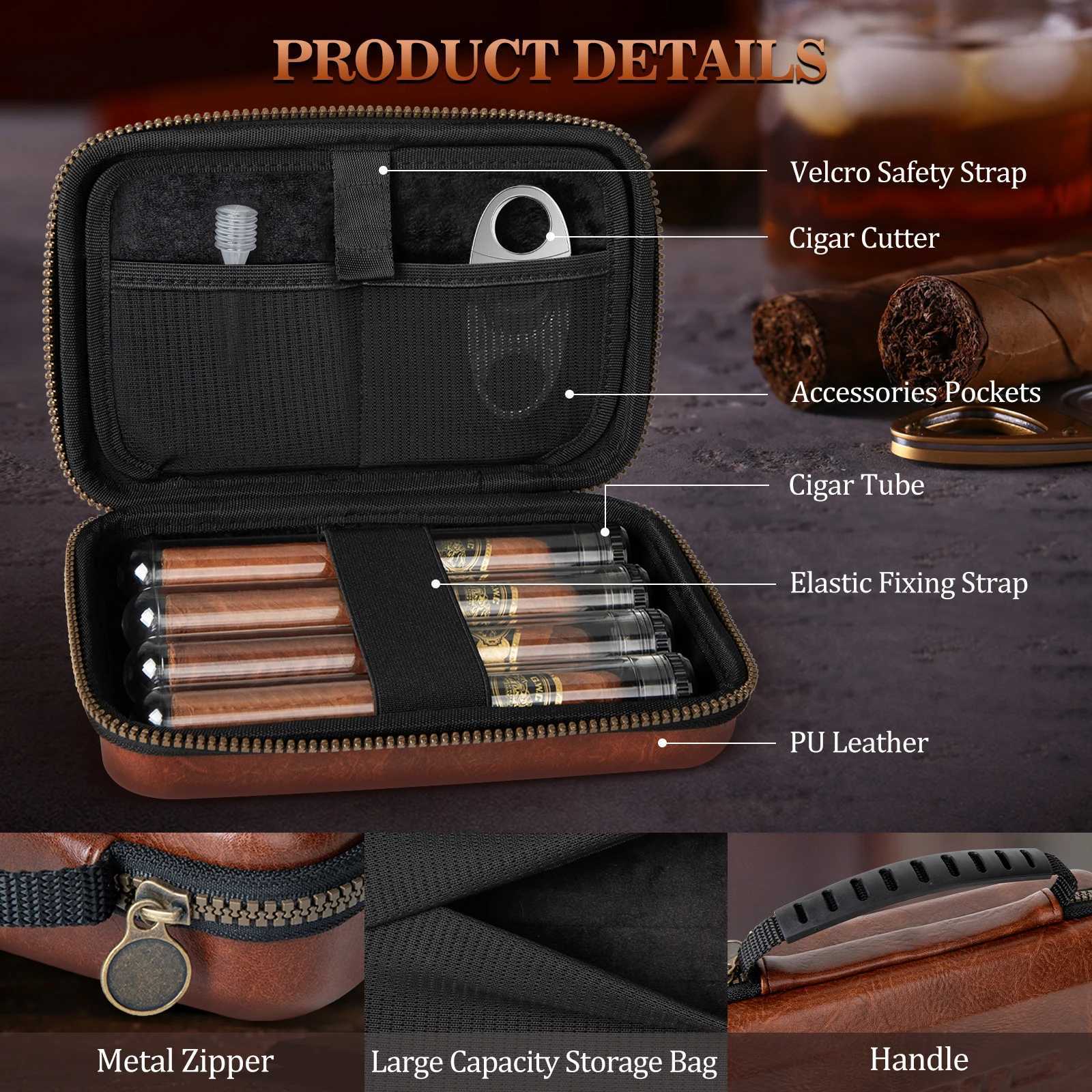 Travel Cigar Humidor Portable with 4 Cigar Tube Leather Cigar Case Include VCutter Cigar Accessories Gift for Cigar lovers Y251008
