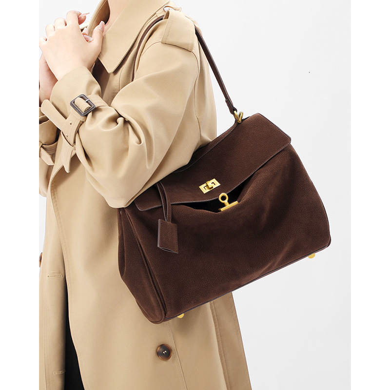 Suede Genuine Leather Kelly Bag Underarm Bag Womens Highend Niche Secondhand Handbag Large Capacity Tote Bag 250903