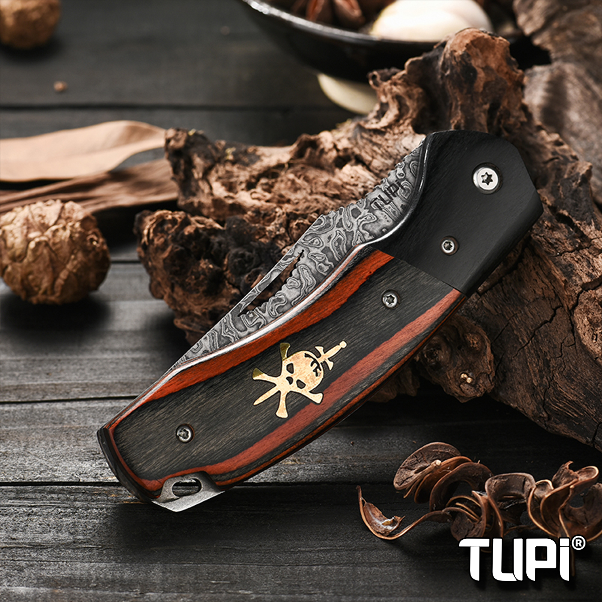 TUPI Damascus Steel Folding Knife, Pocket Knife for Fruit Cutting, High hardness sharp blade, Multi-functional Peel Knife, Household