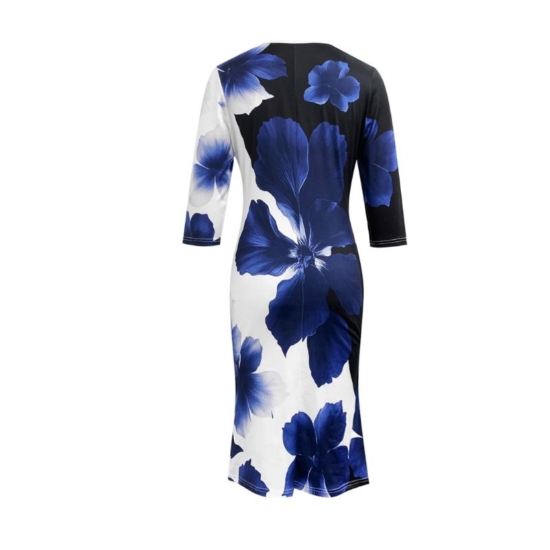 Women's Floral Print Milk Silk Midi Dress Blue White Elegant Office Wear Spring Summer Dress-CF56113