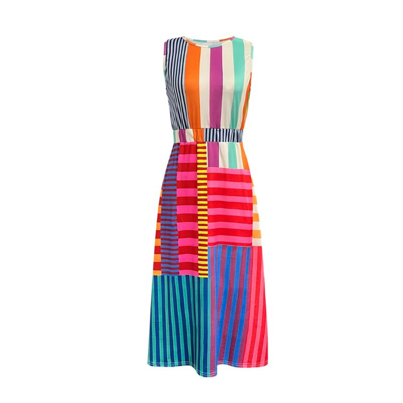 New Spring and summer fashion vacation style sleeveless vest dress with colorful striped prints, loose milk silk long dress for women, starting from o