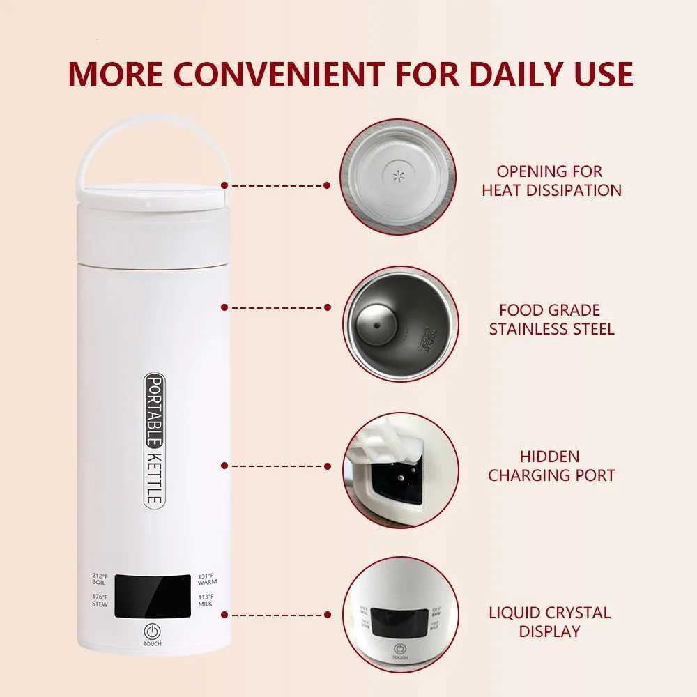 500ML Electric Kettles Portable Tea Coffee Kettle Travel Boil Water Thermal Cup AntiScald Water Bottle English Menu C251008