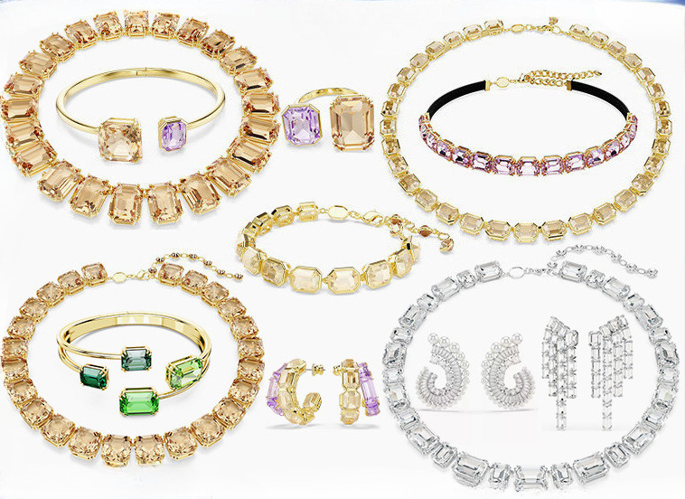 Luxury austria crystal choker necklace bangle bracelet earrings ring for women dopamine champagne gradient diamond stone chokers necklaces rings jewelry