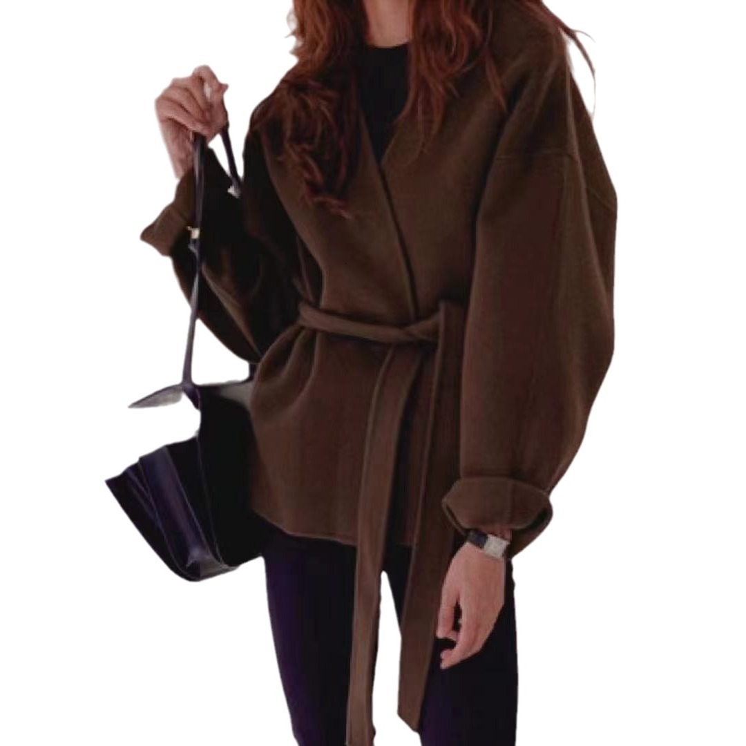 Dalian Woolen Coat for Women Lazy Bathrobe Short Style for Petite Figures Collarless DoubleSided Cashmere Jacket Top