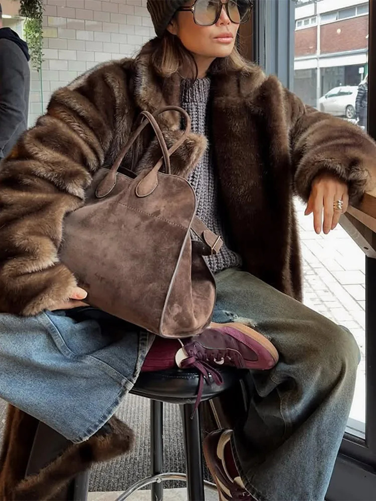 Fashion Mixed Color Lapel Faux Fur Overcoat Woman Elegant Full Sleeve Loose Long Coat Winter Lady Warm High Street Outwear 2501008