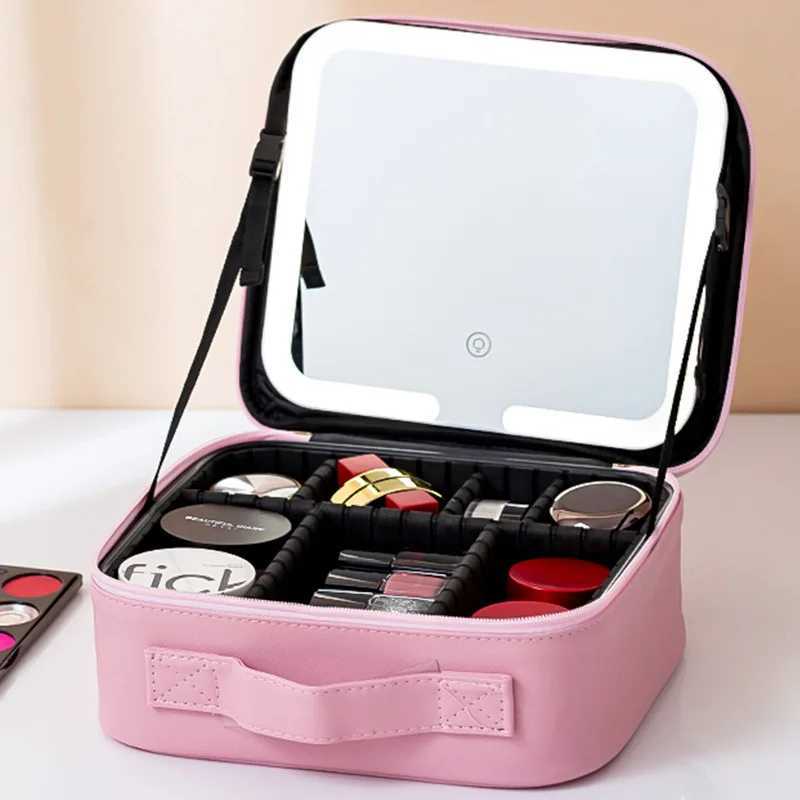 Advanced LED travel makeup bag with mirror womens portable large capacity makeup brush case handheld partition makeup bag L251007