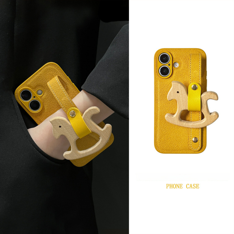 for iPhone 17 Pro Max Case with Wrist Strap Pink Moon Crater Pattern Wooden Horse Design with Adjustable Wristband Kickstand Shockproof TPU Protection