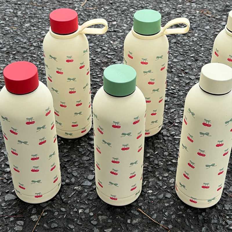 Kawaii Cherry Thermos Bottle With Handle Coffee Cup 500ml Stainless Steel Tumbler Cute Travel Gym Scool Water Bottle For Girl C251008