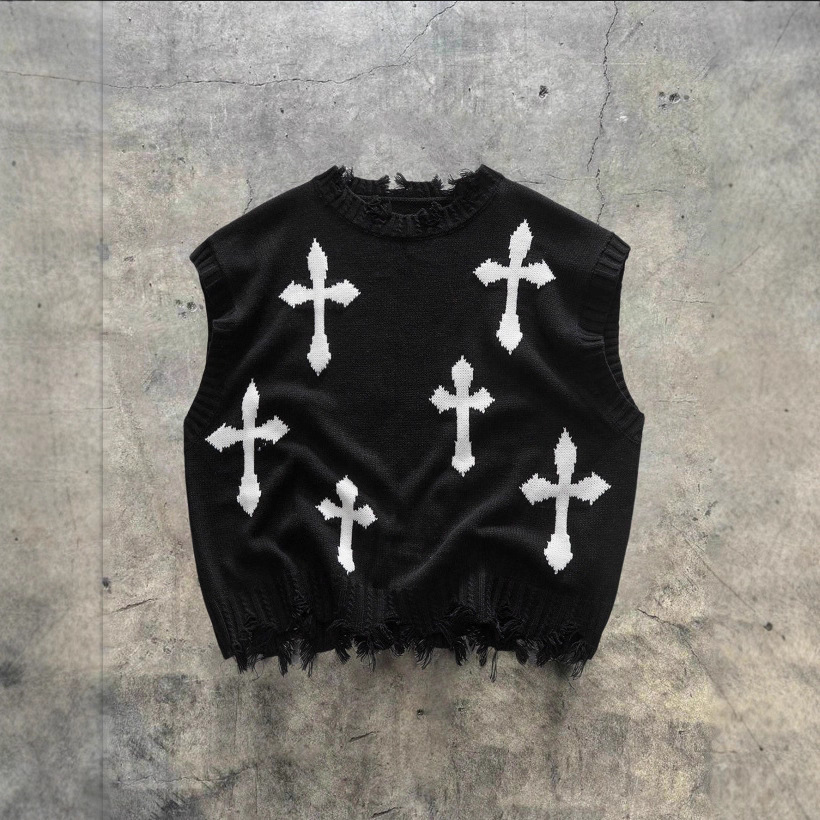 Harajuku Fashion Mens and Womens Couple Fall and Winter Sweater Y2K Cross 90s Gothic Fitted Round Neck Tops Clothing 250819