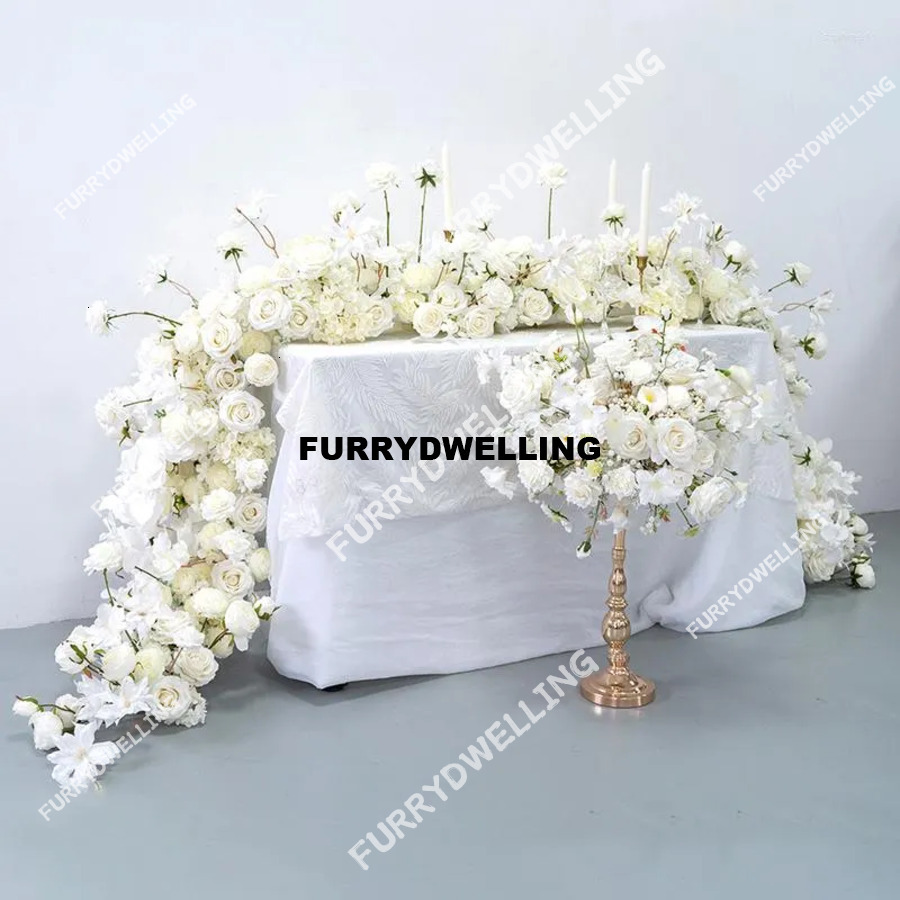 Decorative Dwe74 Flowers Wedding White Rose Orchid Flower Row Runner Arrangement Banquet Event Decor Table Ball Party Prop Large Floral