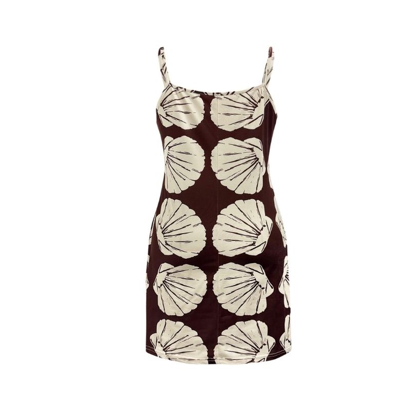 Women's Plus Size Shell Print Milk Silk Slip Dress Dark Brown Beach Vacation Dress-YL25327