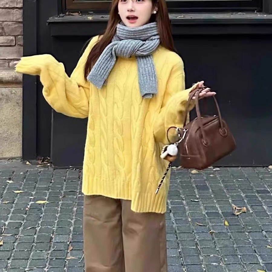 Plus Size 1500kg Fat mm Cable Knit Round Neck Sweater Women Autumn Winter New Korean Style Loose Versatile Pullover Knitted Top