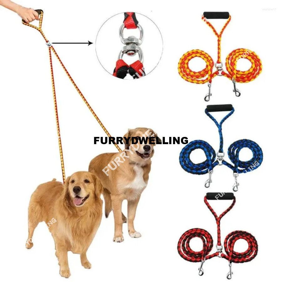 Dog Collars With Handle Double Twin Lead Safty Anti-Winding Leash Rope Walk Training Dwe74 Nylon Pet