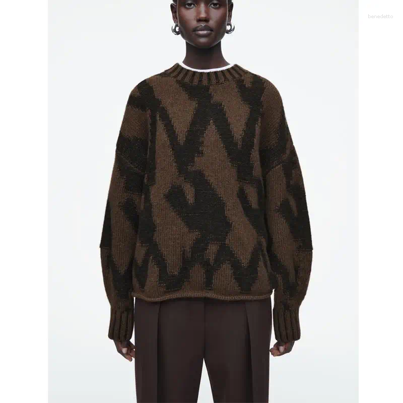 Women's Sweaters Casual Knitted Long Sve Round Ne Abstract Pattern Pullover Autumn Winter Arrival Polyester Fiber Regular Fit