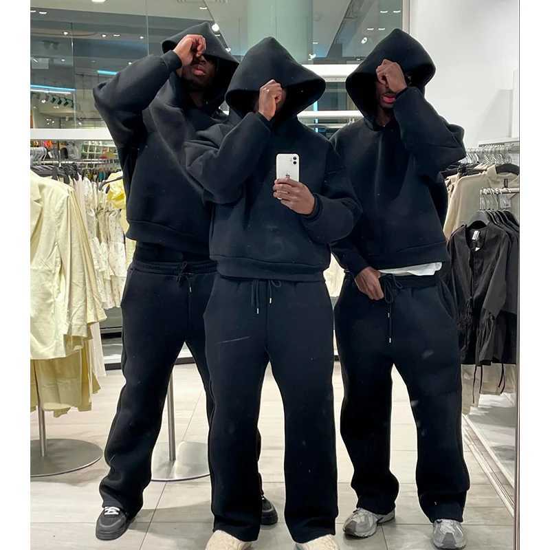 Casual Solid 2 Piece Set Hooded Pullover Straight Pants Tracksuit For Male Fashion Loose Hoodies Sweatshirt Wide Leg Sweatpants1 D251008