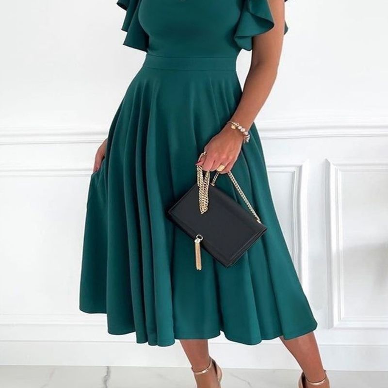 Women's Plus Size French Style Dress Peacock Green Milk Silk V-Neck Flounce Sleeve A-Line Dress 1XL-5XL Wholesale-YL25394