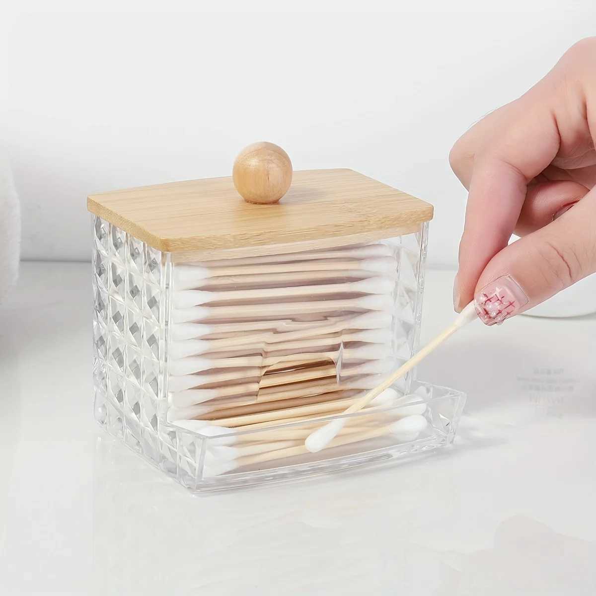 8oz Cotton Swab Holder Dispenser Clear Diamond Pattern Bathroom Organizer Accessories Decor for Storage Cotton Ball Holder Apoth C251008