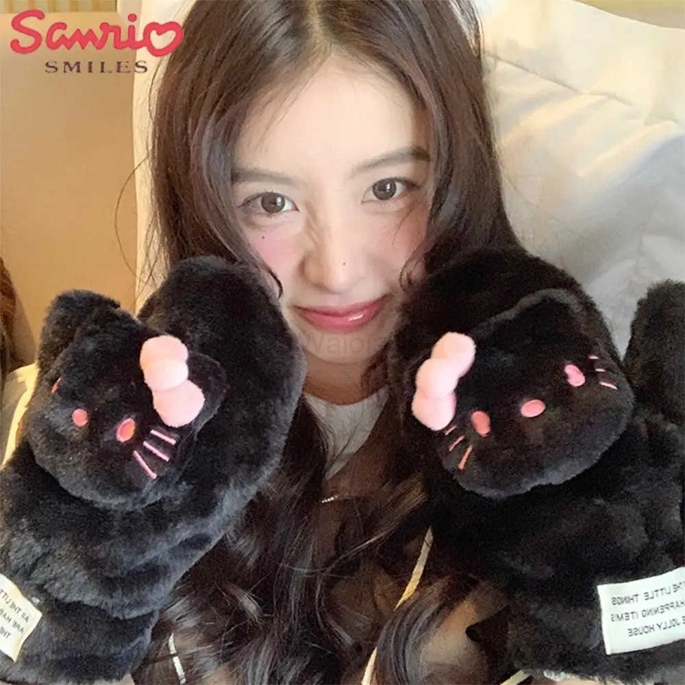 Sanrio Hello Kitty Winter Plush Gloves Kawaii Cartoon Soft Thicken Warm Doll Halter Neck Girl Student Cute Festival Gift Soft L251008