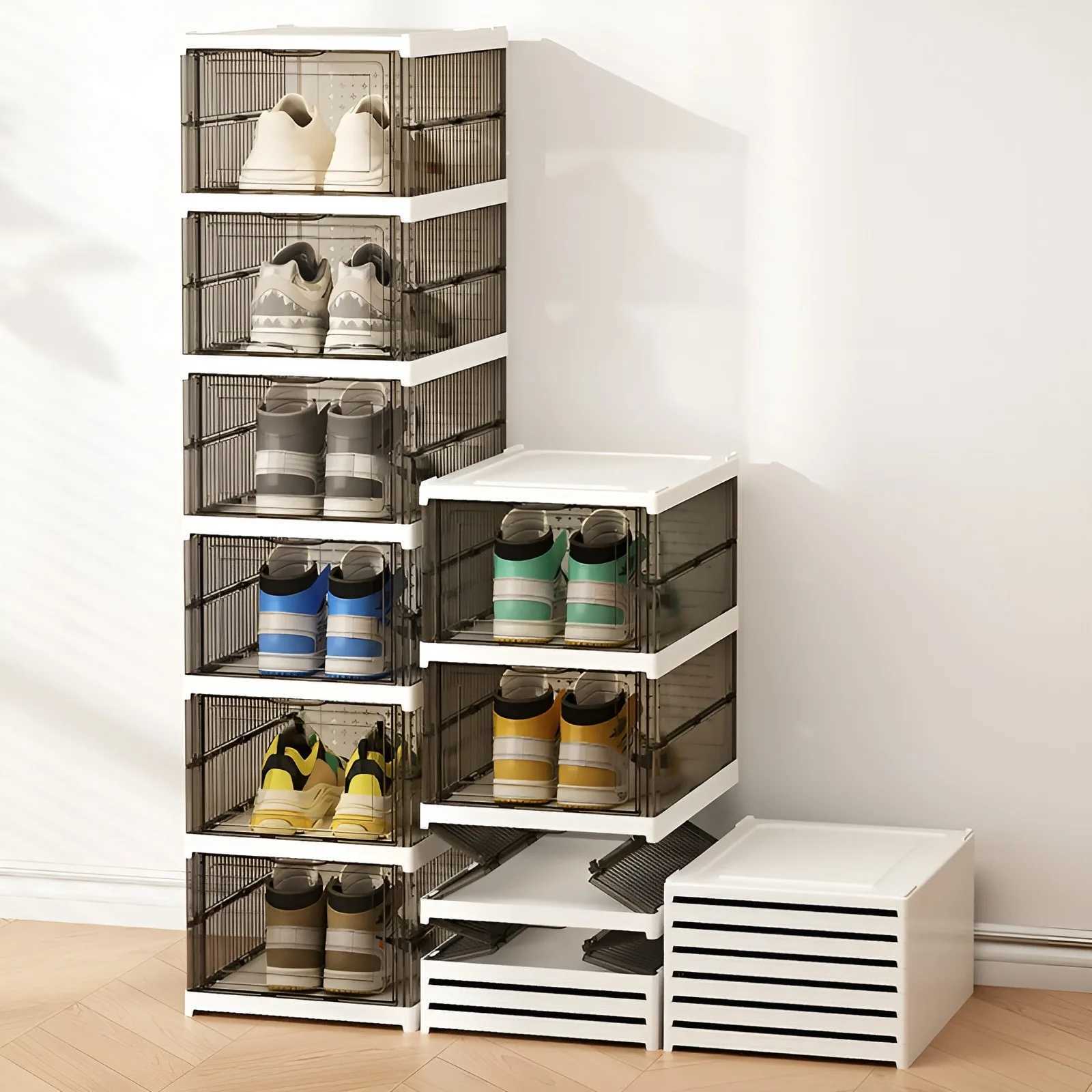 Clear Shoe Storage Box No Assembly Stackable Drop Front Shoe Organizer Storage Bins Allinone Free Standing Shoe Cabinet C251008
