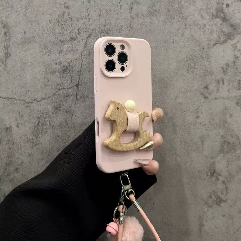 for iPhone 17 Pro Max Case with Wooden Horse Grip Kickstand Leather Touch Comfortable Handcrafted Cover for iPhone Phone Case