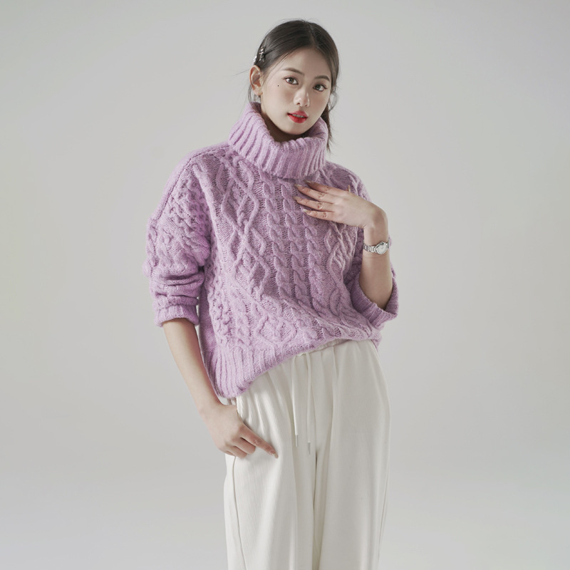 Casual Woman Purple Furry Ball Sweater Fashion Ladies Autumn Soft Mock Neck Knitwear Female Sweet Solid Color Knit Top 210515