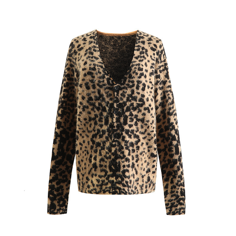 New Versatile American Style Leopard Print VNeck Knitted Cardigan Hot Girl Sweater Coat Soft Fuzzy 4146 240905