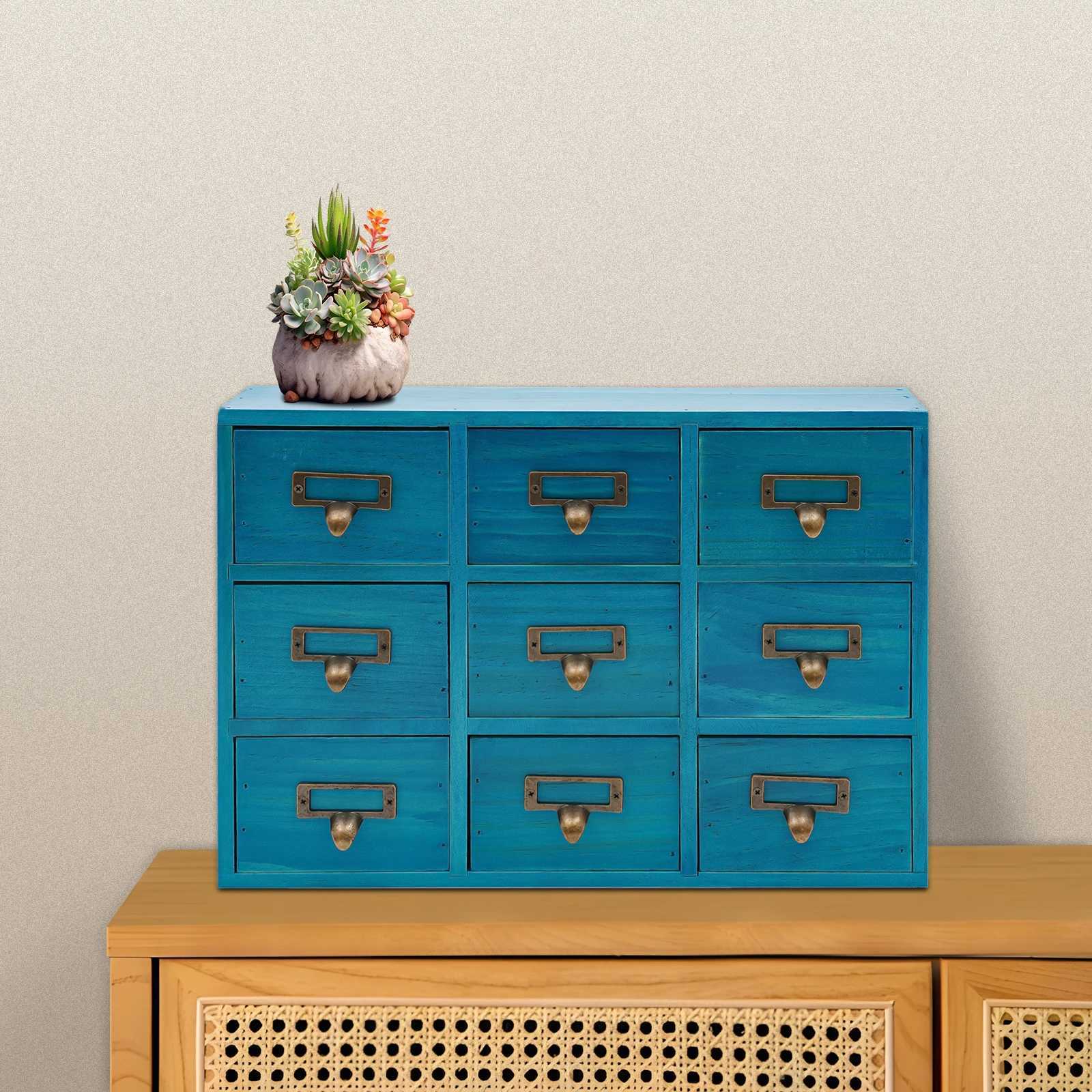 9Drawer Wooden Apothecary Cabinet Rustic Durable Blue Herb Storage Box Desk for CablesSpicesOffice Home C251008