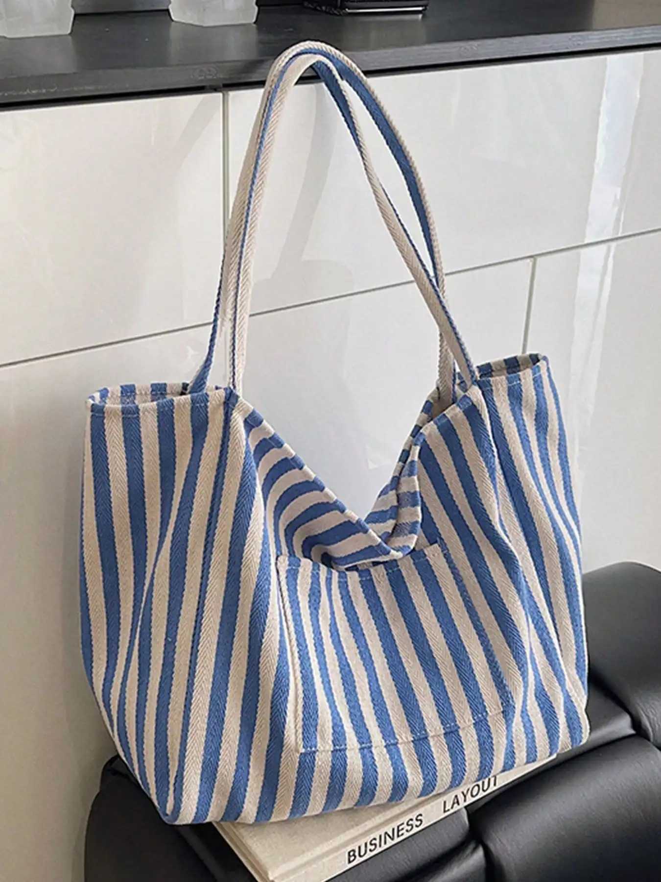 retro chic striped canvas tote bag korean fashion casual spacious shoulder bag for women suitable for travel and vacationT251007