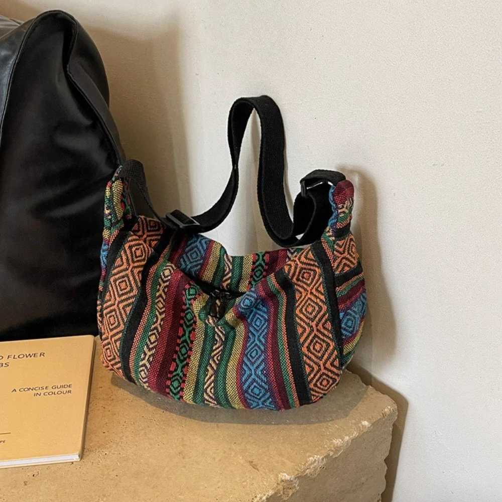 Tribal Style Shoulder Bag Foldable Crossbody with Zipper Closure Striped Pattern Flag Theme Hand Washable Edge Painted LiningT251007