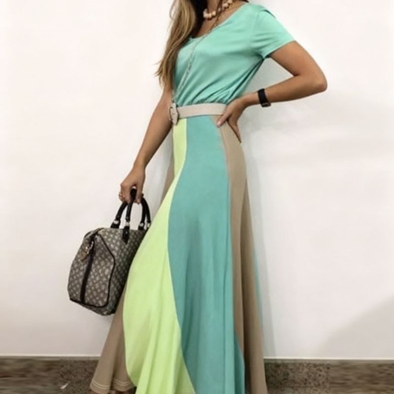 Women's Round Neck Short Sleeve Dress Vertical Stripe Midaxi Dress Casual Office Wear Mixed Colors-CF52723