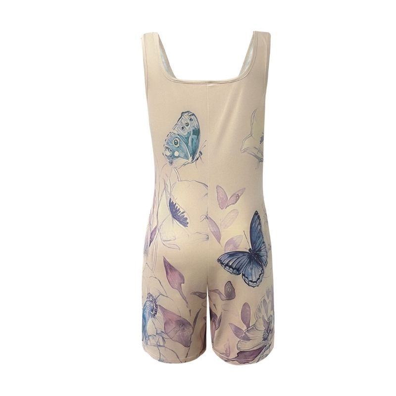 Women's Milk Silk Jumpsuit Butterfly Print Square Neck Sleeveless Wide Leg Beach Vacation Romper Light Beige-CF52471