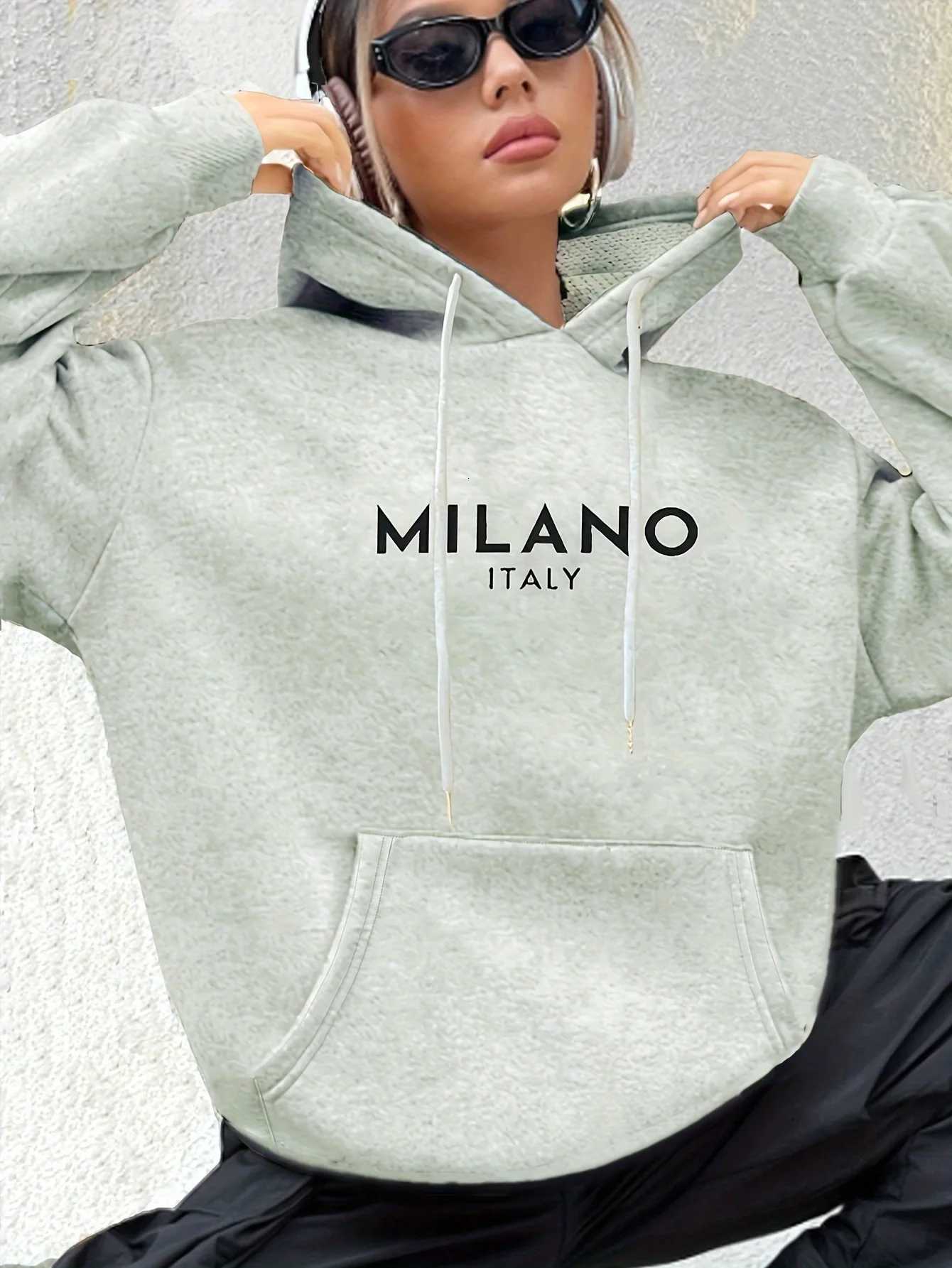 Womens casual fashion hoodie sweatshirt MILANO ITALY print round neck long sleeved autumn and winter warm regular versionT251105