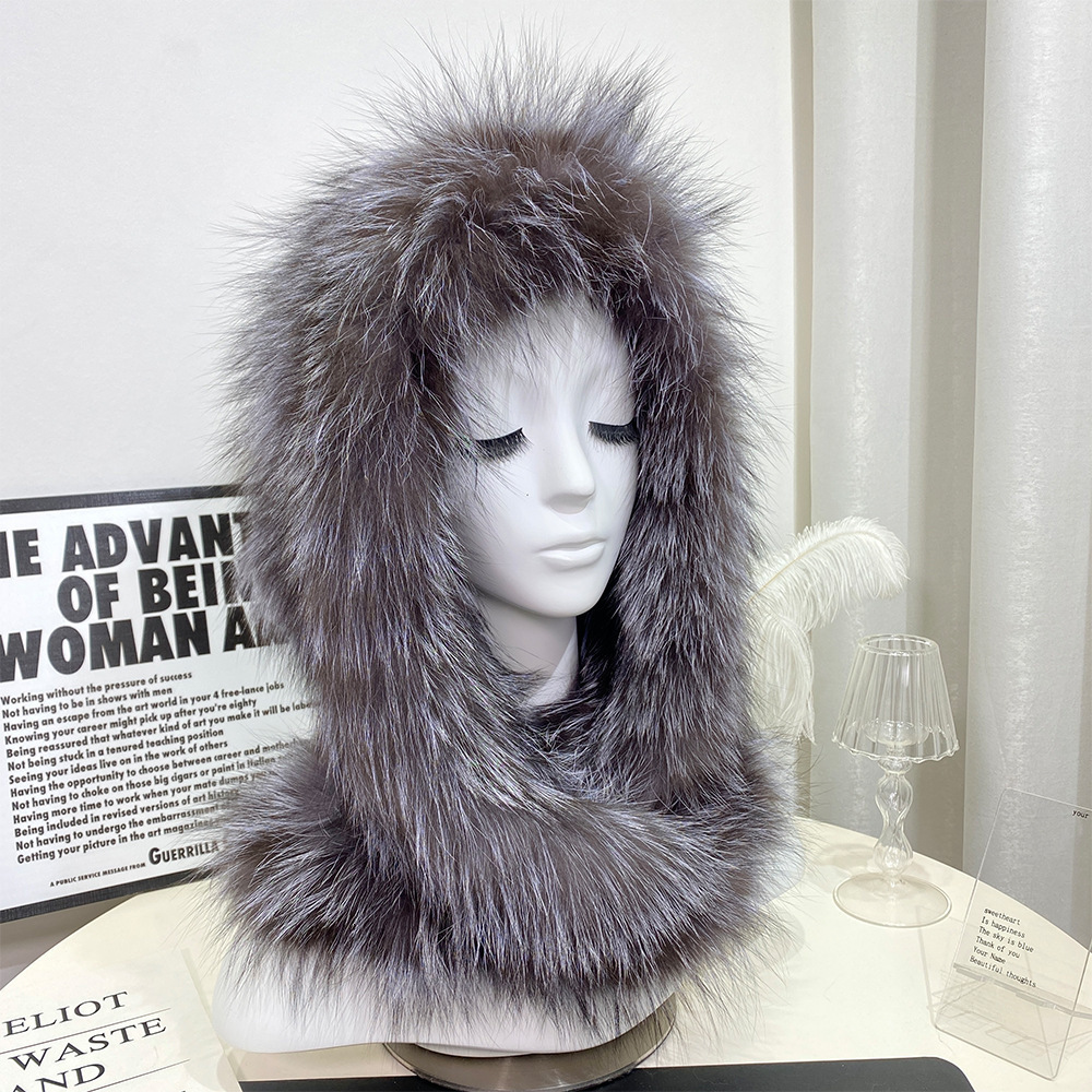 Fox Fur Fashion Ear Protection Hat DoubleSided Scarf Integrated Wind and Snow Hat for Women Winter Fox Warm Hooded