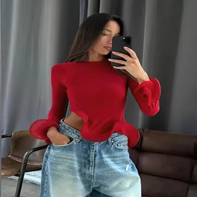 Trendix Slim Long Sleeve Ruffle Tshirts Women Fashion Patchwork Solid Asymmetry Ladies Y2k Top Femme 250310wtt