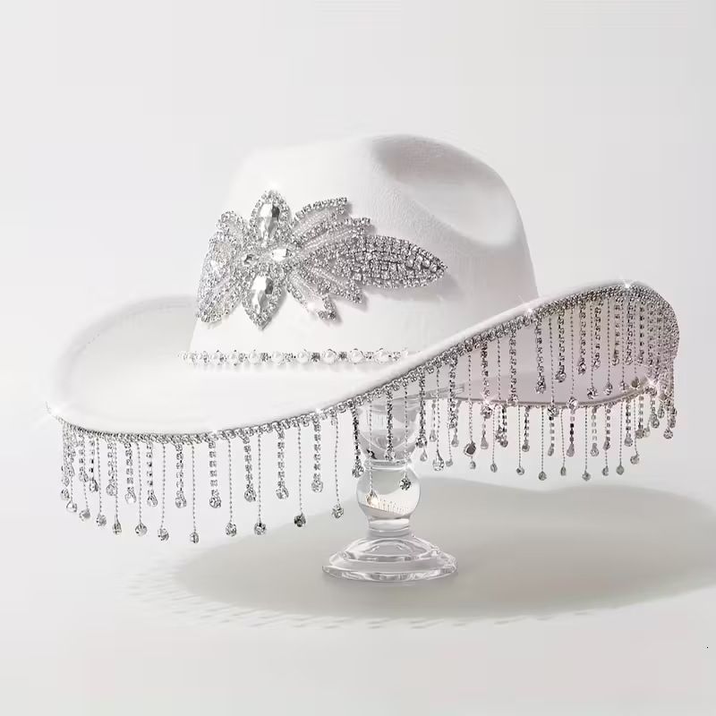 Rhinestone Tassel Wool Western Cowboy Hat Large Head Circumference Hat Autumn Winter Women Elegant Jazz Fedora Wide Brim 250326