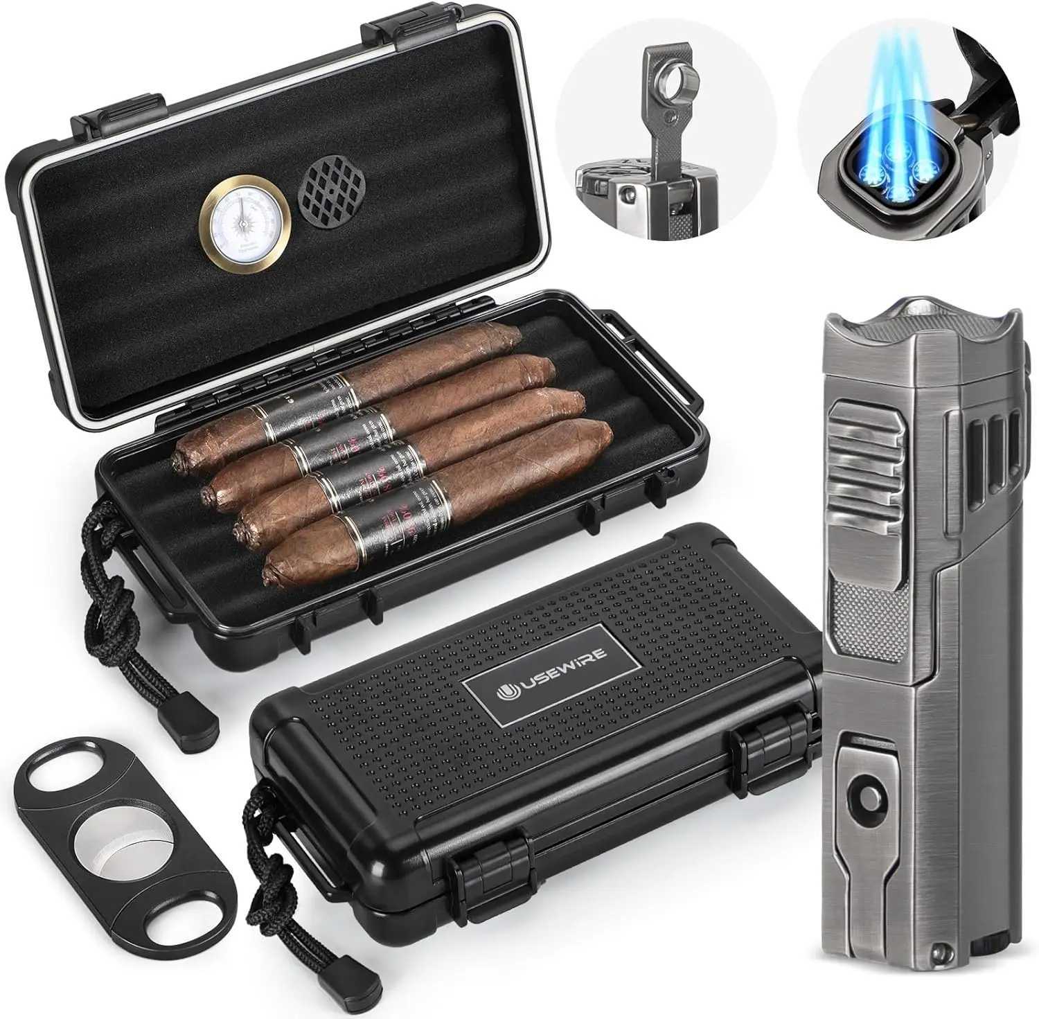 USEWIRECigar Travel Humidor and Cigar Set Portable Cigar Case with Humidifier Hygrometer Cutter Cigar Cutter Y251008