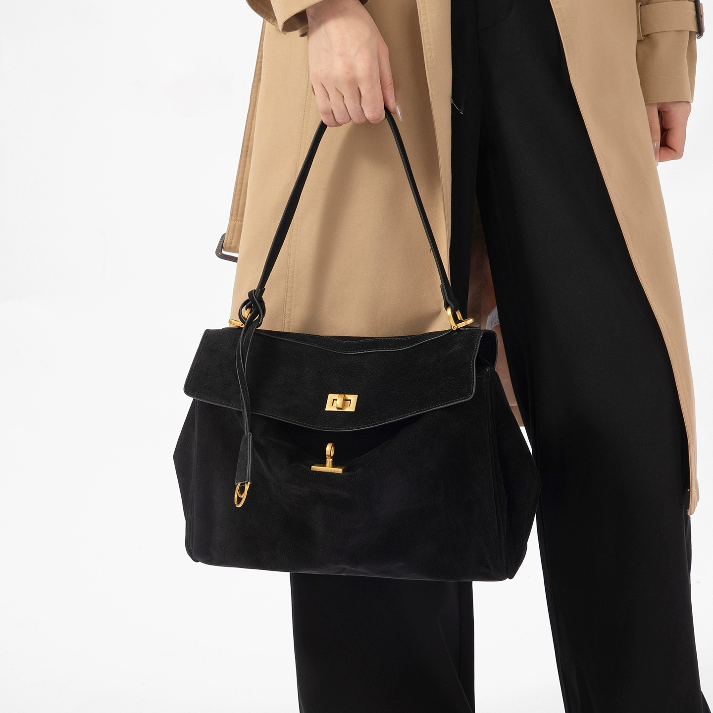 Suede Genuine Leather Kelly Bag Underarm Bag Womens Highend Niche Secondhand Handbag Large Capacity Tote Bag 250903