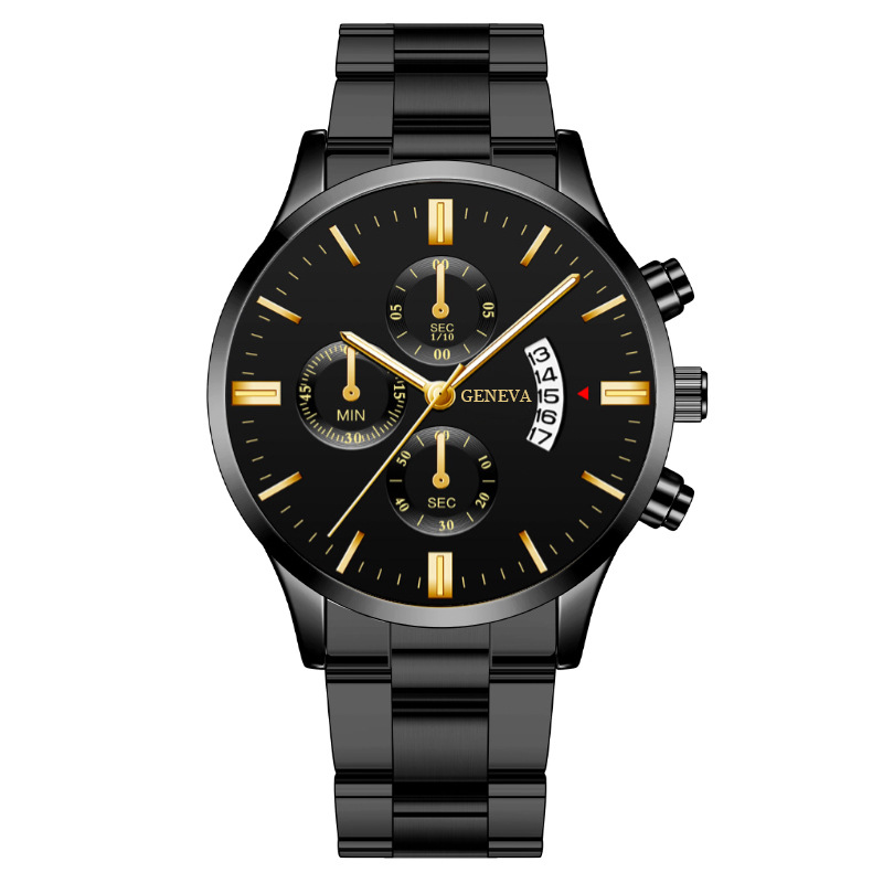 A popular calendar steel strap quartz watch with professional style for men, equipped with three dials and a durable metal strap