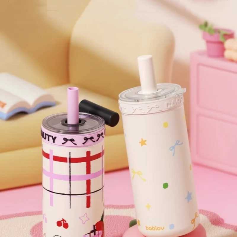 Bablov Thermos Cup Doublelayer Cold Insulation Straw Cup Stainless Steel Vacuum Flask High Borosilicate Glass Liner Coffee Cup C251008