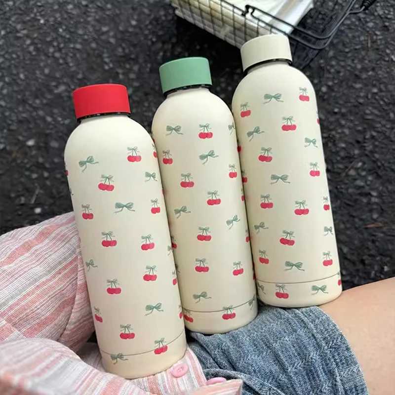 Kawaii Cherry Thermos Bottle With Handle Coffee Cup 500ml Stainless Steel Tumbler Cute Travel Gym Scool Water Bottle For Girl C251008